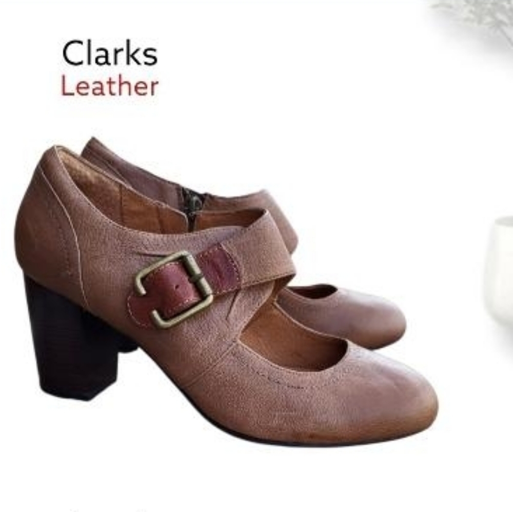Clarks Leather Town Club Mock Strap Mary Jane High Heel Pump Brown Women 8.5 - Picture 9 of 9